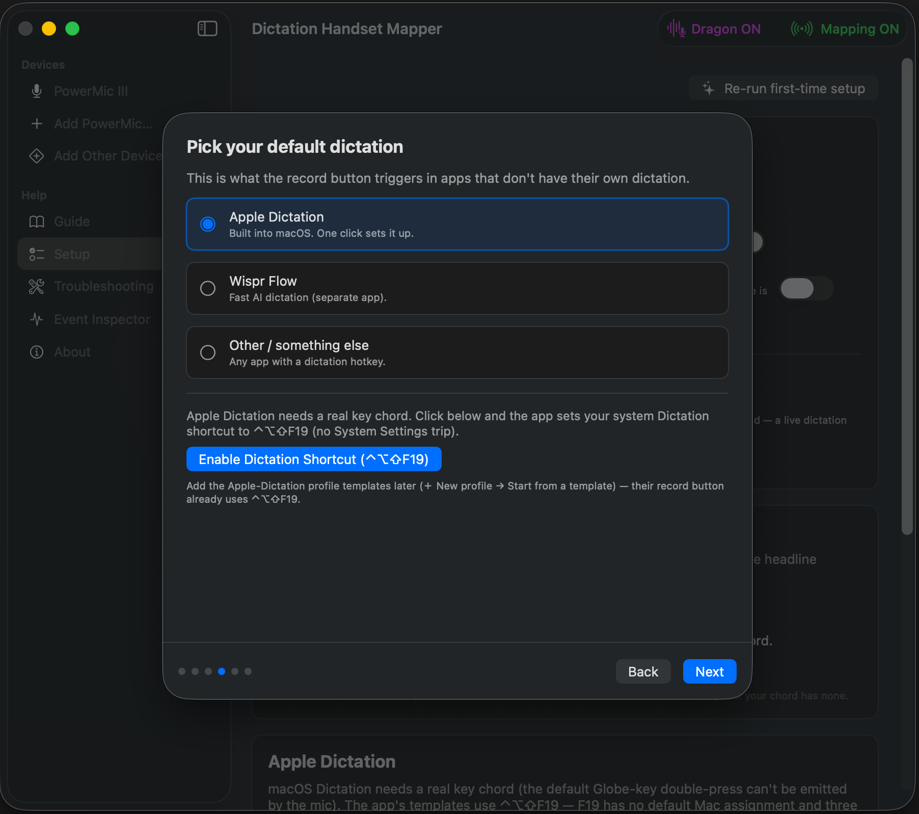Onboarding wizard — Pick your default dictation with the one-click Apple Dictation button
